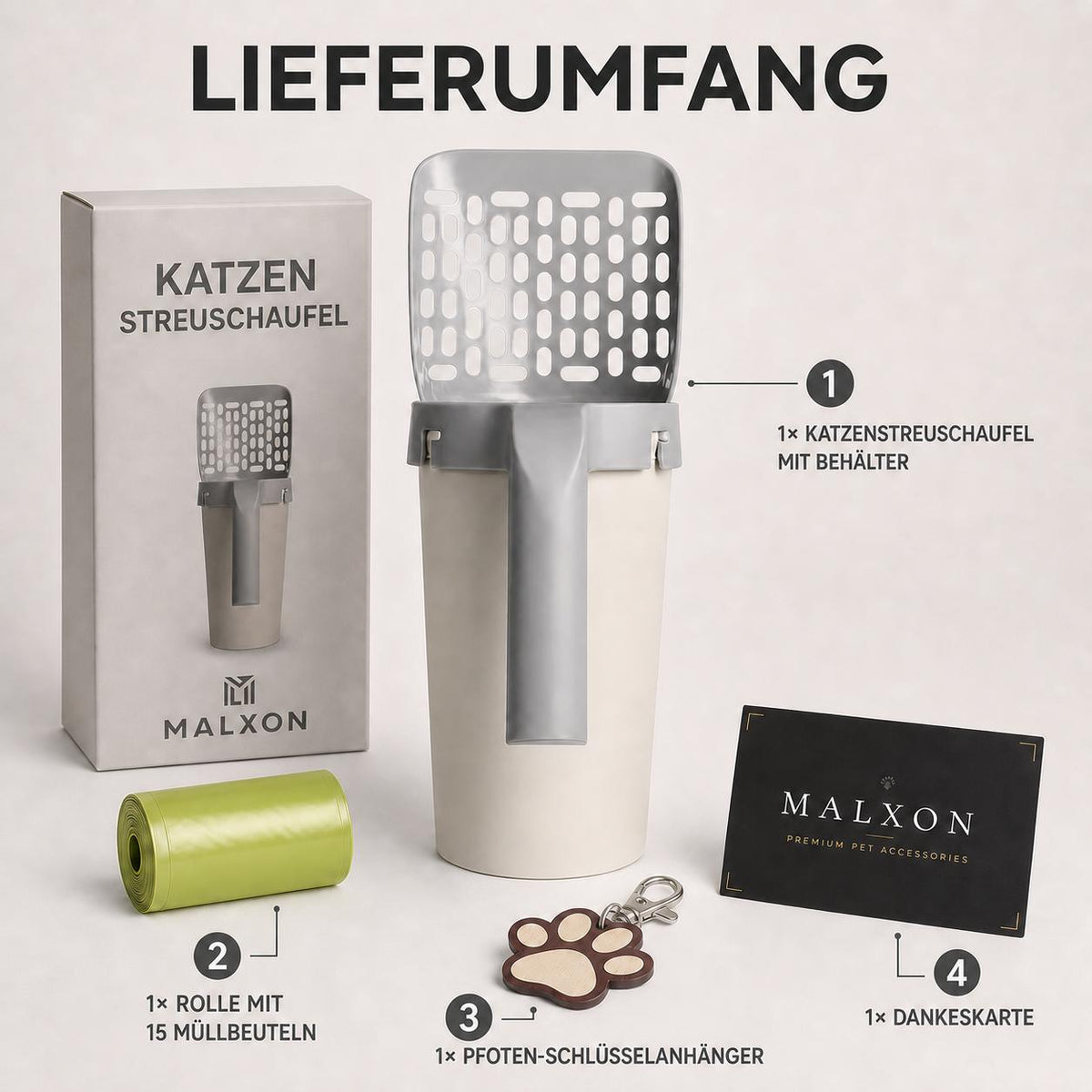 Lieferumfang: MALXON Katzenstreuschaufel mit Behälter, Rolle mit 15 Müllbeuteln, Pfoten-Schlüsselanhänger und Grußkarte
