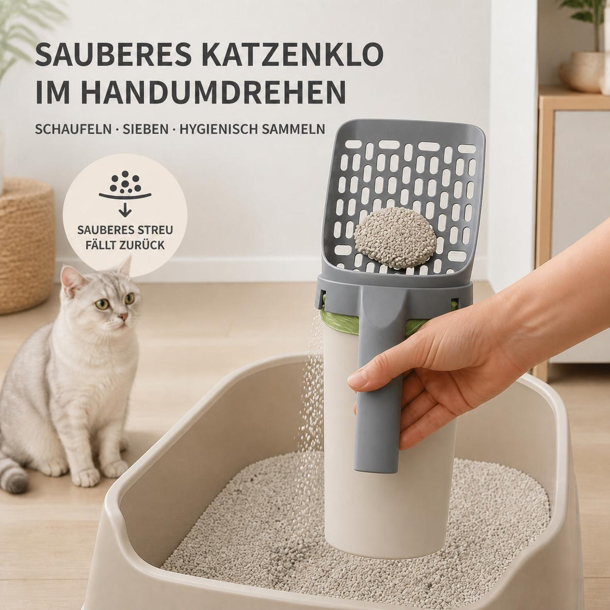 Hand siebt Katzenstreu mit der MALXON Streuschaufel über dem Katzenklo, sauberes Streu fällt zurück