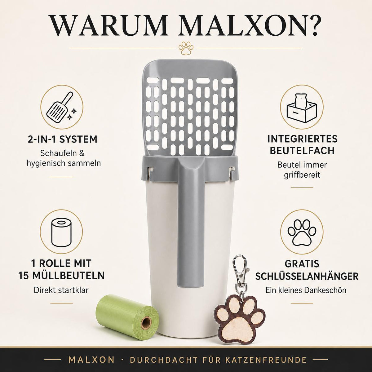 Warum MALXON: 2-in-1 System, integriertes Beutelfach, Rolle mit 15 Müllbeuteln und gratis Pfoten-Schlüsselanhänger