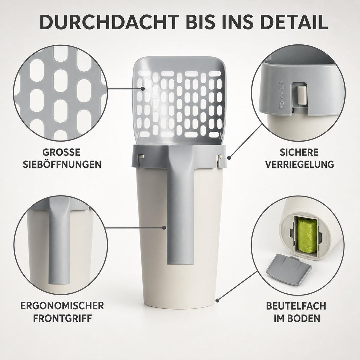 Detailansicht: große Sieböffnungen, sichere Verriegelung, ergonomischer Frontgriff und Beutelfach im Boden