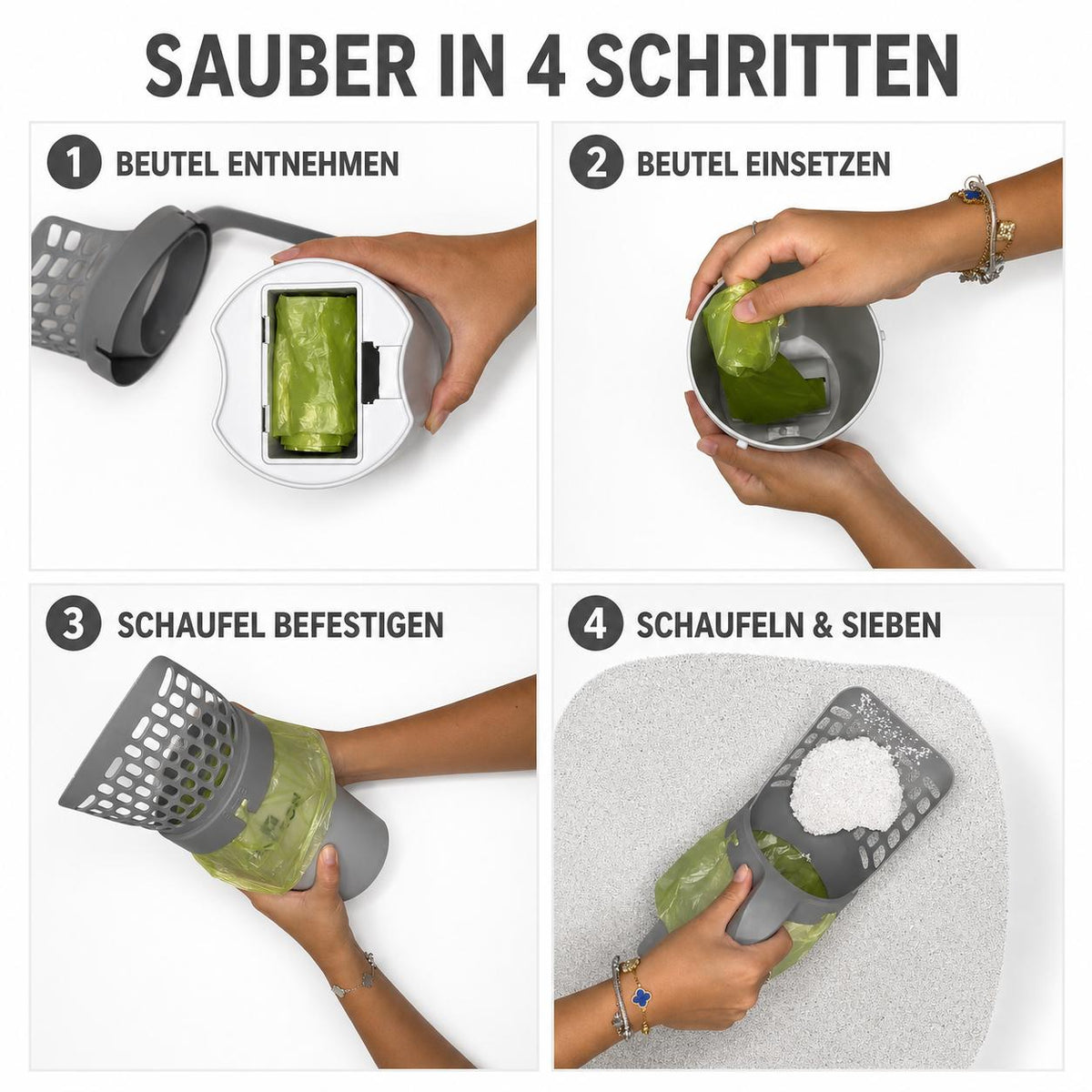 Anwendung in vier Schritten: Beutel entnehmen, Beutel einsetzen, Schaufel befestigen, schaufeln und sieben