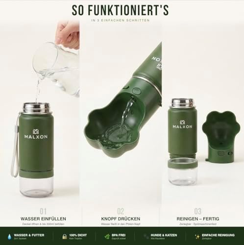 MALXON Trinkflasche Hund: Maße und Fassungsvermögen
