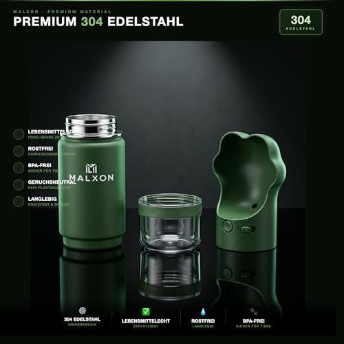 MALXON 3-in-1 Trinkflasche Hund für unterwegs, 300 ml mit Futterbehälter und Pfoten-Trinknapf