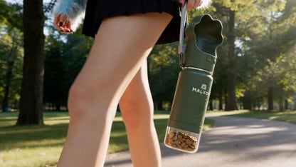MALXON 3-in-1 Trinkflasche Hund für unterwegs, 300 ml mit Futterbehälter und Pfoten-Trinknapf
